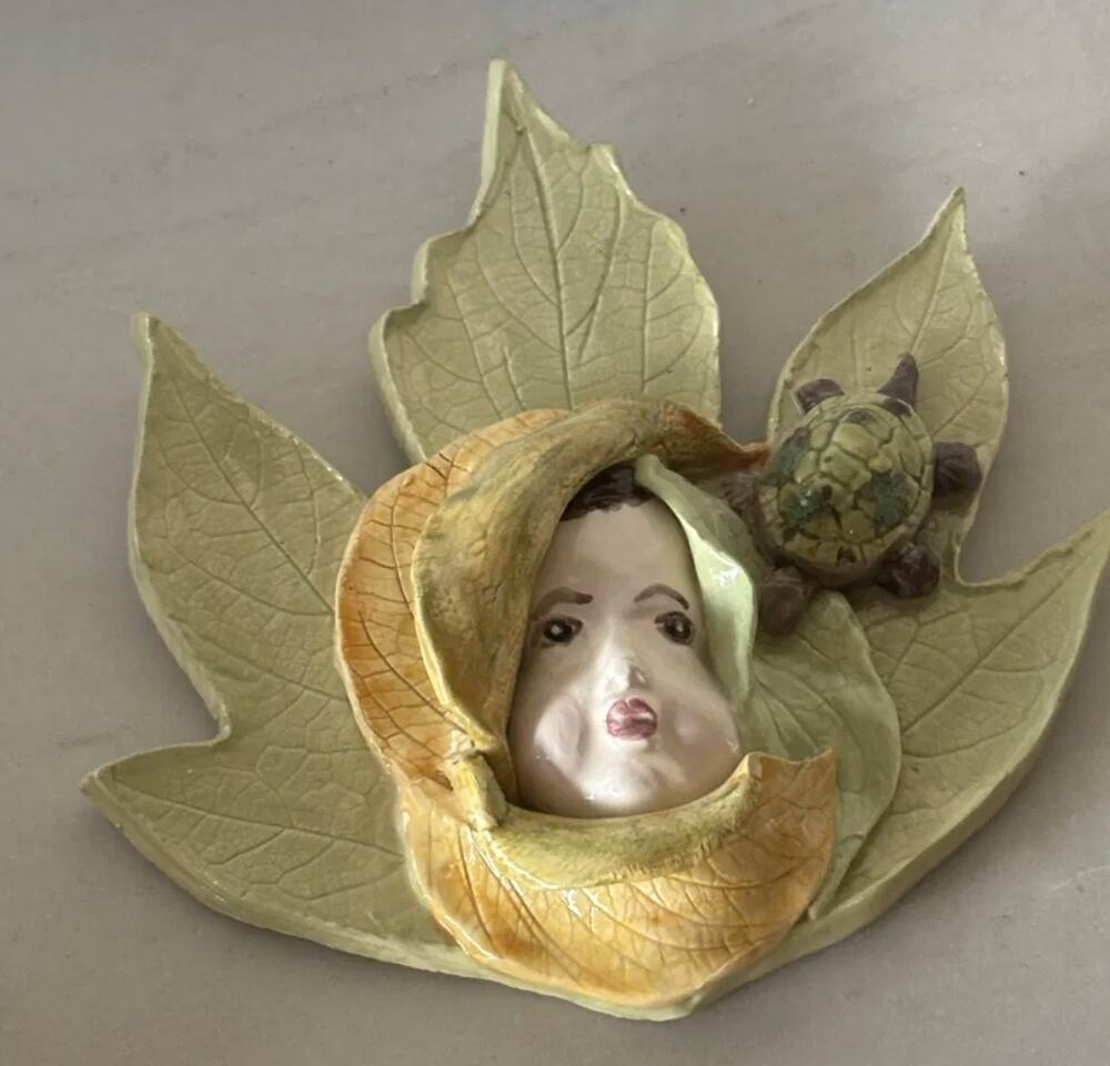 Vintage Studio Art Pottery Leaf Fairy Face Wall Plaque w/ Turtle, Signed
